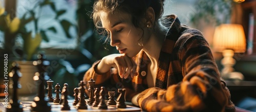 Woman playing chess at home.