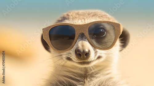 meerkat with glasses sunbathing on the beach concept of enjoying vacation