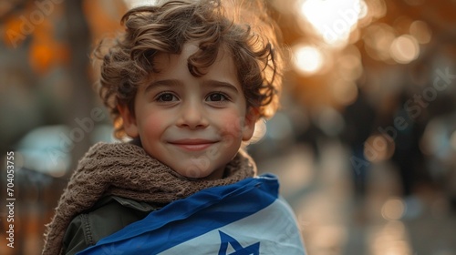 israel.,Israeli kid gleefully waves a large Israeli flag Generative AI