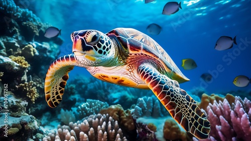 A green sea turtle swimming in a beautiful blue ocean reef at an island with fishes, seaweed and corals