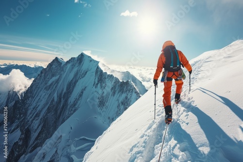 an alpinist reaching the summit of a snowy mountain in a big mountain range