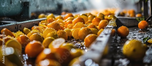 Citrus fruits getting washed and cleaned in modern production line.