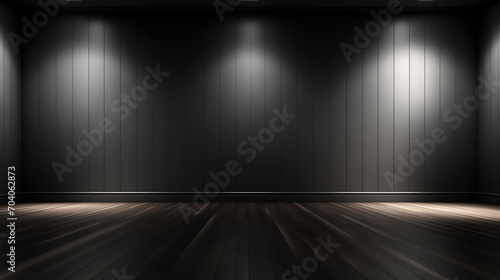 Black empty room with wooden floor and spotlights.