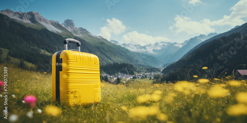 Yellow plastic travel suitcase on flowering meadows with snowy mountains in the background. Spring holiday and tourism poster concept.