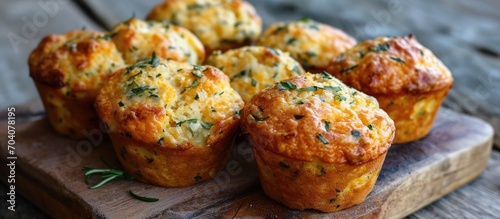 Rustic surface produces perfect cheesy muffins with herbs.