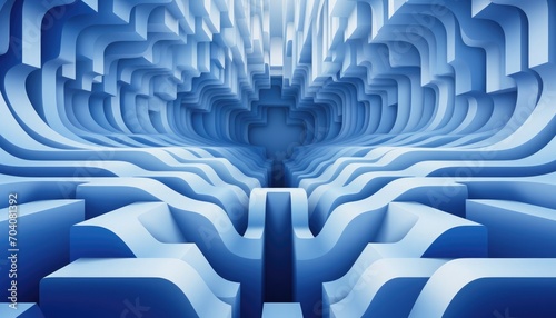 Optical illusion sqaure - The composition should feature flowing lines that are even and clean and monochrome landscapes in cool blue tones exactly hex# 0074D9, with subtly distorted figures that guid