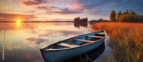 Wooden rowboat on calm lake at sunset surrounded by reeds