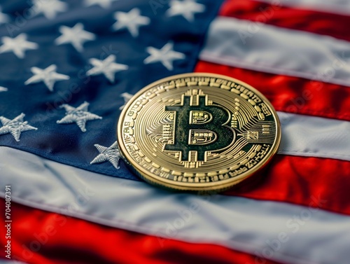 Bitcoin coin on United States flag.