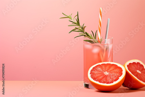 Cold grapefruit cocktail decorated twig rosemary and slice citrus on pink background