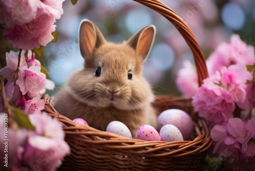 Easter's ambassador: a bunny with sky-blue eggs amidst a blush of cherry blossoms.