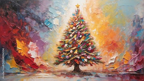 Oil painting Christmas tree artwork. Hand drawn oil painting. Christmas art background. Oil painting on canvas. Modern Contemporary art 