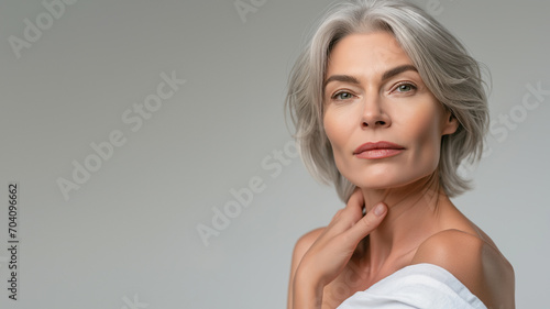 Anti-aging treatments and skincare concept. Beautiful mature woman with flawless skin and silver hairstyle