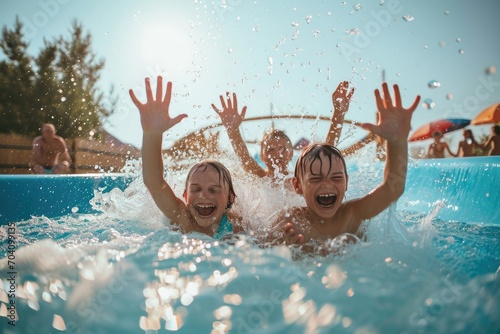 Amidst the sunny sky and glistening water of a leisure centre pool, a group of lively children enjoy the invigorating sport of swimming outdoors