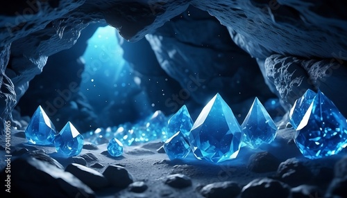 Blue mystical cave with the magic of sparkling crystals. 3D Rendering. Generative AI