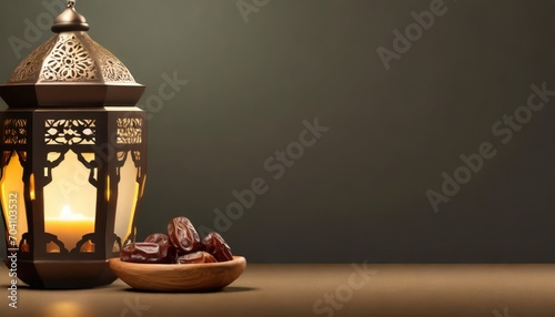 Eid ul adha, moon , lantern, banner, background brown, dates bowl, realistic