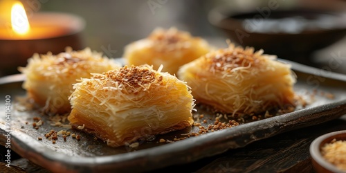KunÄfah Culinary Elegance, A Visual Feast of Shredded Pastry and Sweet Cheese - Capturing Levantine Delight in Every Bite - Eastern Delicacy - Soft, Golden Lighting Infusing Culinary Tradition