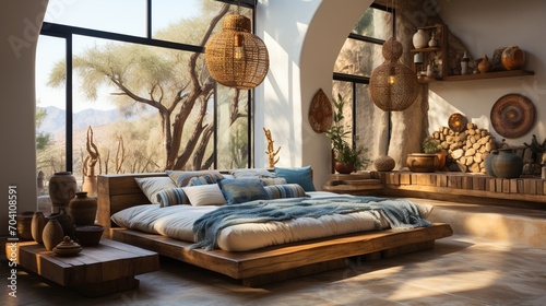Modern bedroom interior with large windows and desert landscape view