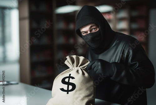 Bank robbery. Criminal in mask with bags of money. Money bags from bank in hands of robber. Bandit in black balaclava with money during money theft crime. Thief stealing money from bank.