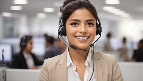 Call center operator in office background. Customer support agent. Happy latin woman with headphones 