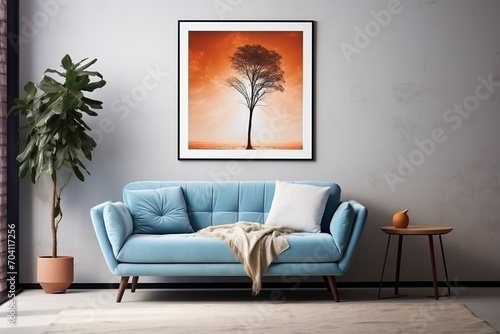 Blue couch and tree artwork in living room