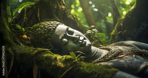 buddha statue laying in the forest, ai generated.