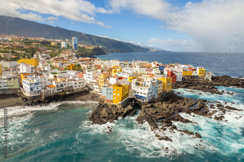 Aerial view of the beautiful oceanside town of Punta Bravo at sunrise, Tenerife