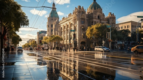 City street with people crossing the road in front of a grand building with green domes