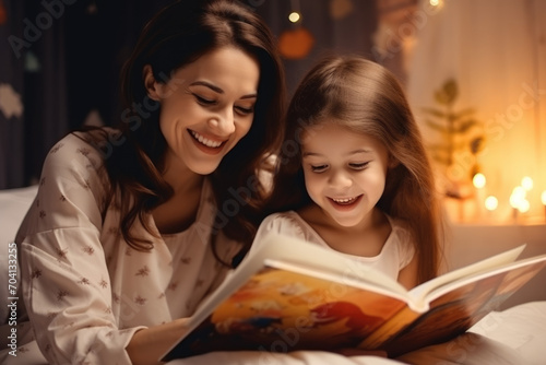 A preschool girl and her mom share joyful smiles while reading a storybook together, strengthening their connection.