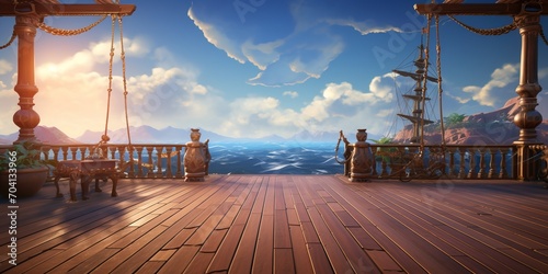 Wooden deck of a ship with a view of the ocean and a ship in the distance