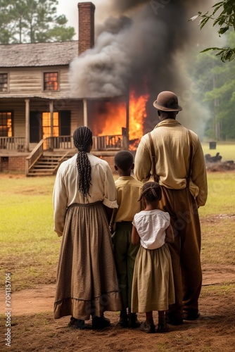 African American family watching their home burn down