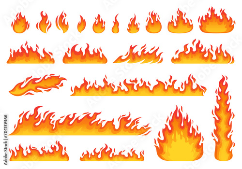 Cartoon fire flames set. Hot bonfire elements, burning effects, hell blaze. Vector symbols for campfire, fireballs or torch