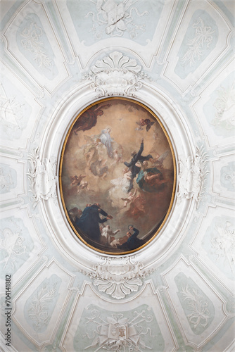 TREVISO, ITALY - NOVEMBER 4, 2023: The painting of blesed Jerome Miani on the ceiling in the church Chiesa di San Agostino by Antonio Marinetti il Chiozzotto (1719 - 1796).