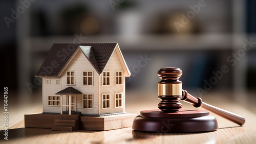 Real Estate Law Concept: Wooden Gavel with House Model
