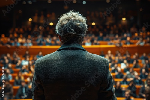 Man on stage giving a speech,