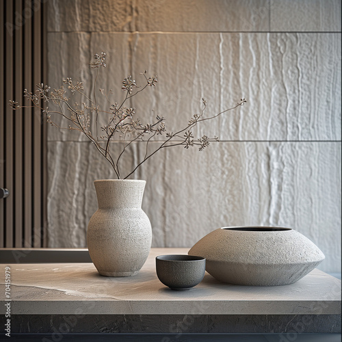 quiet luxury home interior of a luxurious neutral home decor, minimalist stone and clay ceramics, subtle colours quality textures and fabrics