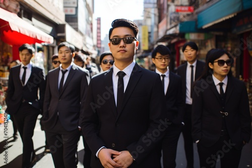 A group of young men and women in black suits and sunglasses