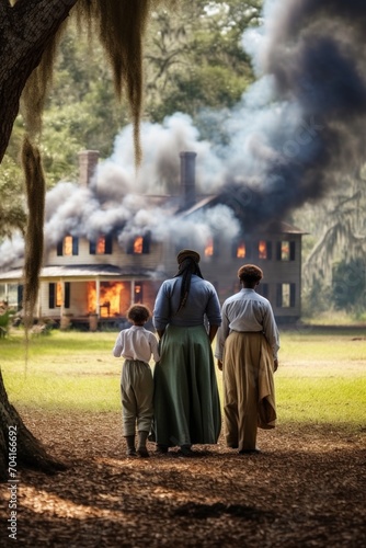 A family of African American sharecroppers looks at their burning house, circa 1865,