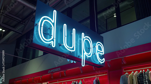 Dupe written in a neon sign, at a clothing store. Gen Z slag for a duplicate or replica item of an expensive designer fashion accessory, shoes or clothing
