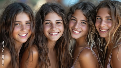 Pretty smiling teenage girls posing at the beach looking at the camera