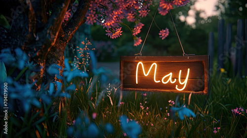 May sign written in neon sign letters for the month of may. Outdoor nighttime spring scene