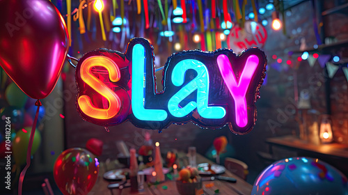 Slay, written in neon sign text, gen z slag