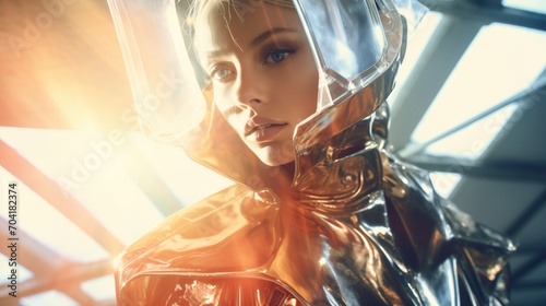 portrait of a young blonde woman wearing a futuristic silver outfit