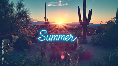 Summer, written on a pink neon sign in the desert at sunset