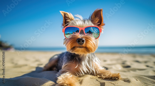 cool looking yorkshire terrier dog wearing sunglasses at the beach, Funny and adorable dog during summer time.