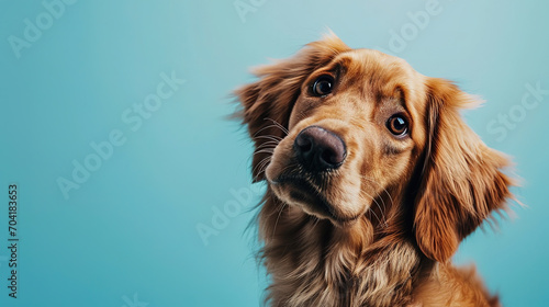Adorable golden retriever puppy with curious questioning face isolated on light blue background with copy space.