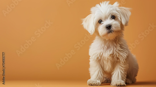 Adorable maltese puppy with curious questioning face isolated on light blue background with copy space.