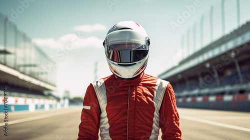 concept racer,Man dressed as a racer, Motorsport car racer in race car track.