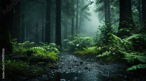 Observation of a muddy track surrounded by a dense forest, a lush green forest drenched from rain with slight sunlight