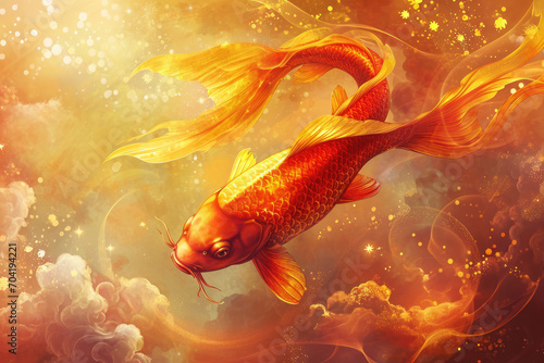 Lunar new year 2024 background with golden glowing koi fish and clouds
