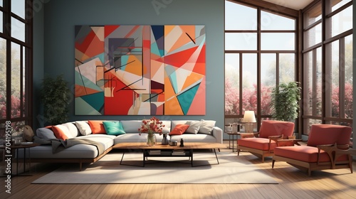 Modern living room interior with large colorful painting